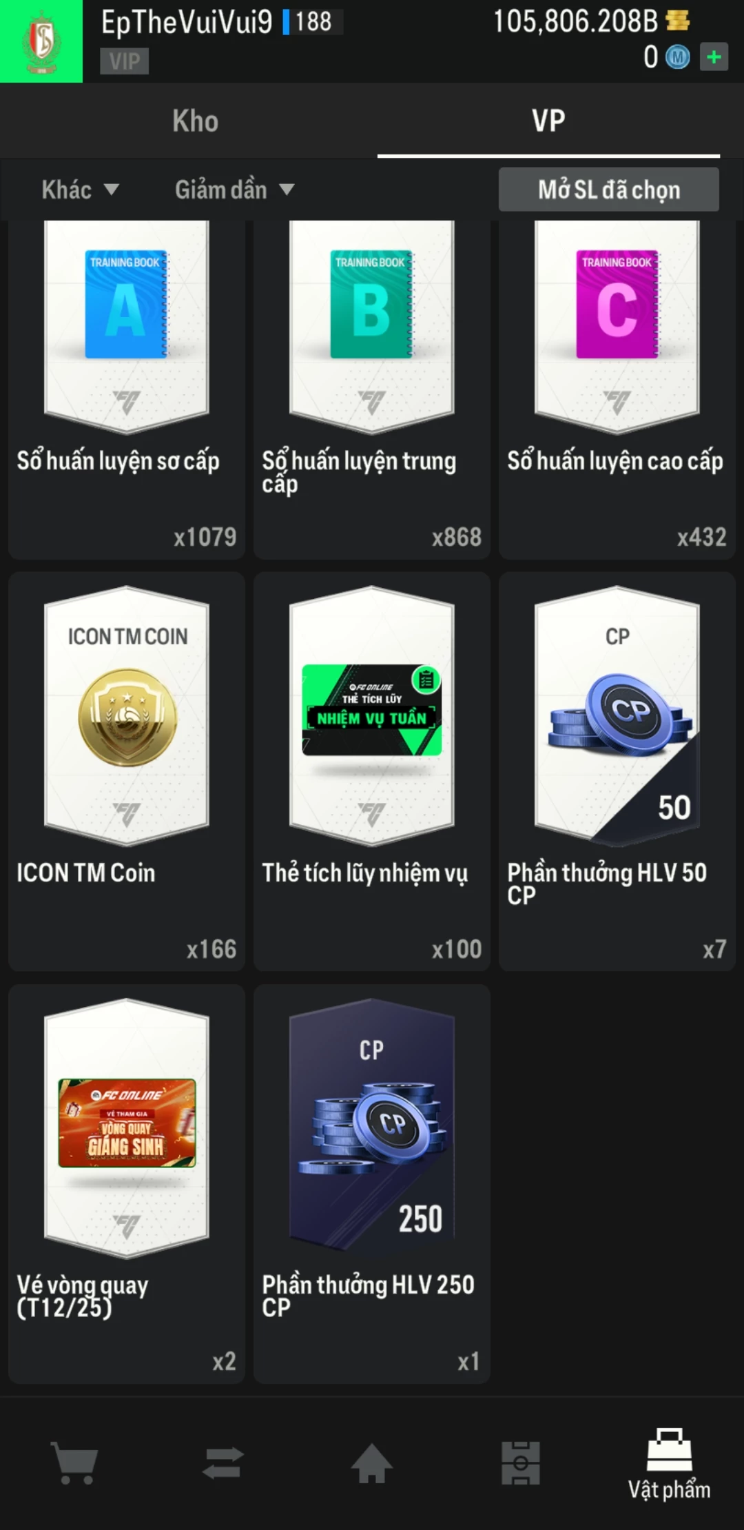 Ảnh ACC mở thẻ (LOẠI SVIP PROMAX) bao gồm có 01 thẻ +12, 03 thẻ PRIME (QH+, CP+, XS+) và hơn 1500+ đến 1600+ thẻ cầu thủ từ Siêu sao đến Miền núi các loại. Acc có sẵn BP trắng từ 90.000 tỷ BP đến 110.000 tỷ BP kèm theo nhiều ngày SVIP